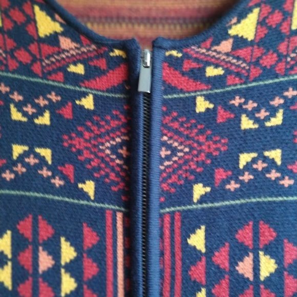 L Alia Vintage knit Aztec geometric print zipper cardigan navy blue - Picture 3 of 9